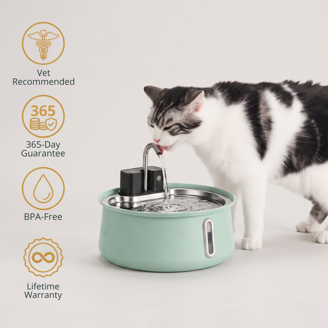 A veterinarian with a cat beside a KittySpout fountain